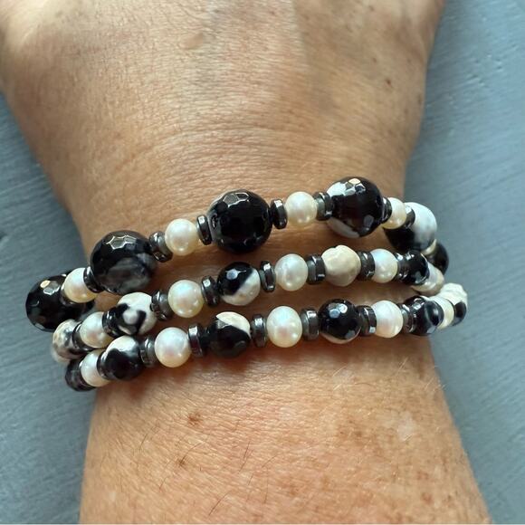 925 Sterling Silver Beaded Ocean Jasper & Pearl Triple Stranded Bracelet - Picture 3 of 7